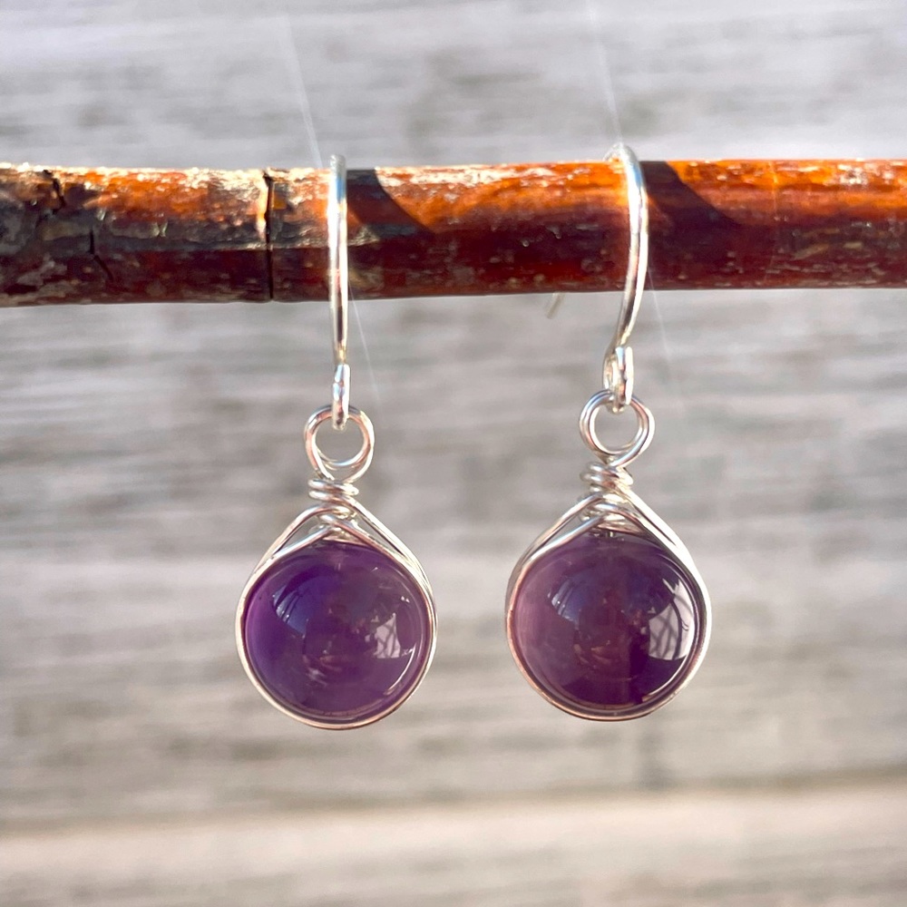 Hand crafted purple amethyst wire wrapped dangle earrings